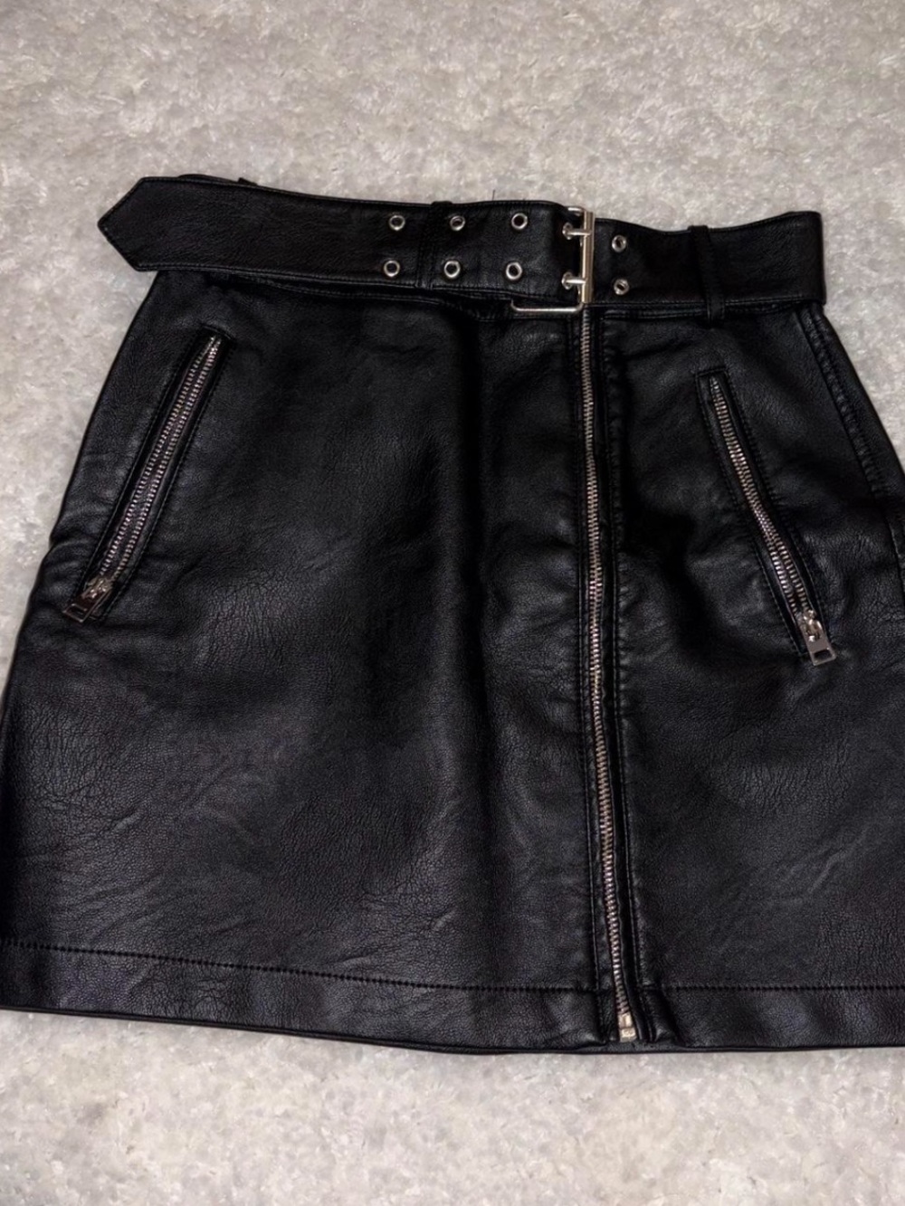 Topshop Black Faux Leather Belted Zip Mini Skirt